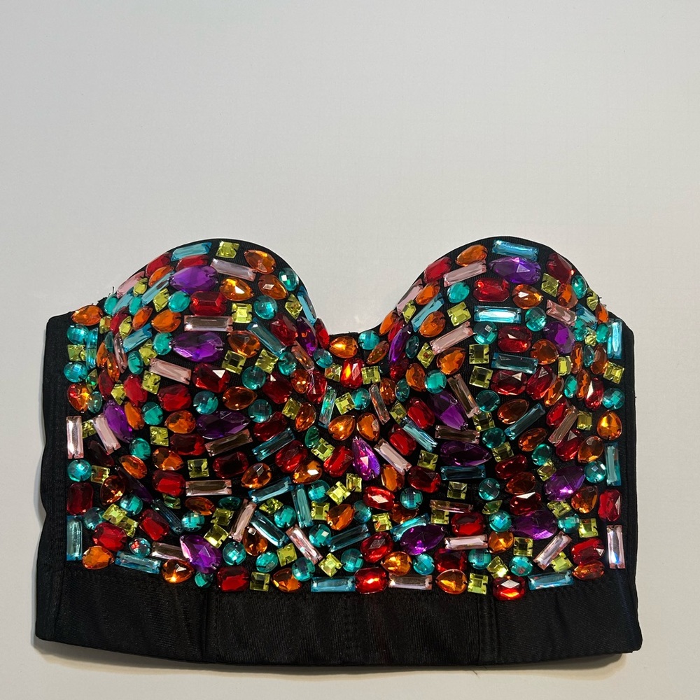 Charmain Womens Colorful Rhinestone Push Up ra Clubwear Party Bustier Crop Top